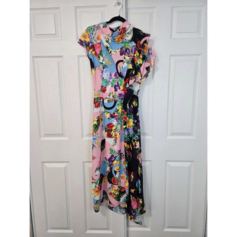 Topshop Multicolor Floral Geometric Cowl Neck Ruffle Midi Dress Womens 6